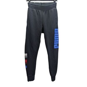 PUMA Men's Black Joggers with Blue and Red Logo Spell Out On Both Legs. Size S